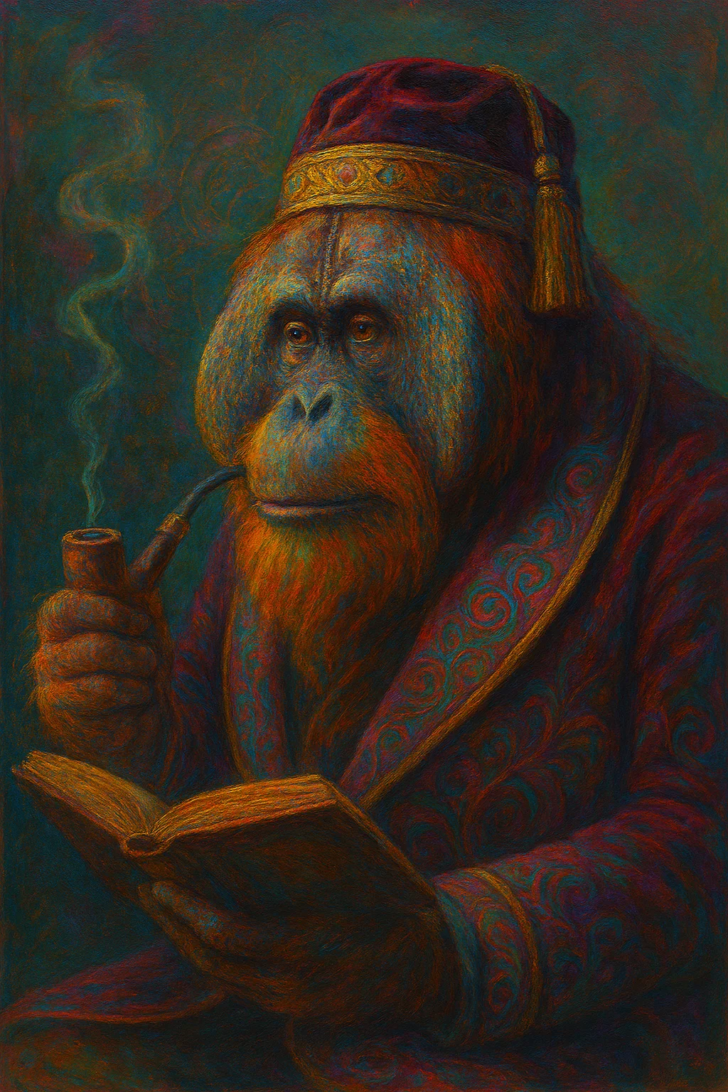 Talking Ape — a wise orangutan in a fez, smoking a pipe and reading a book